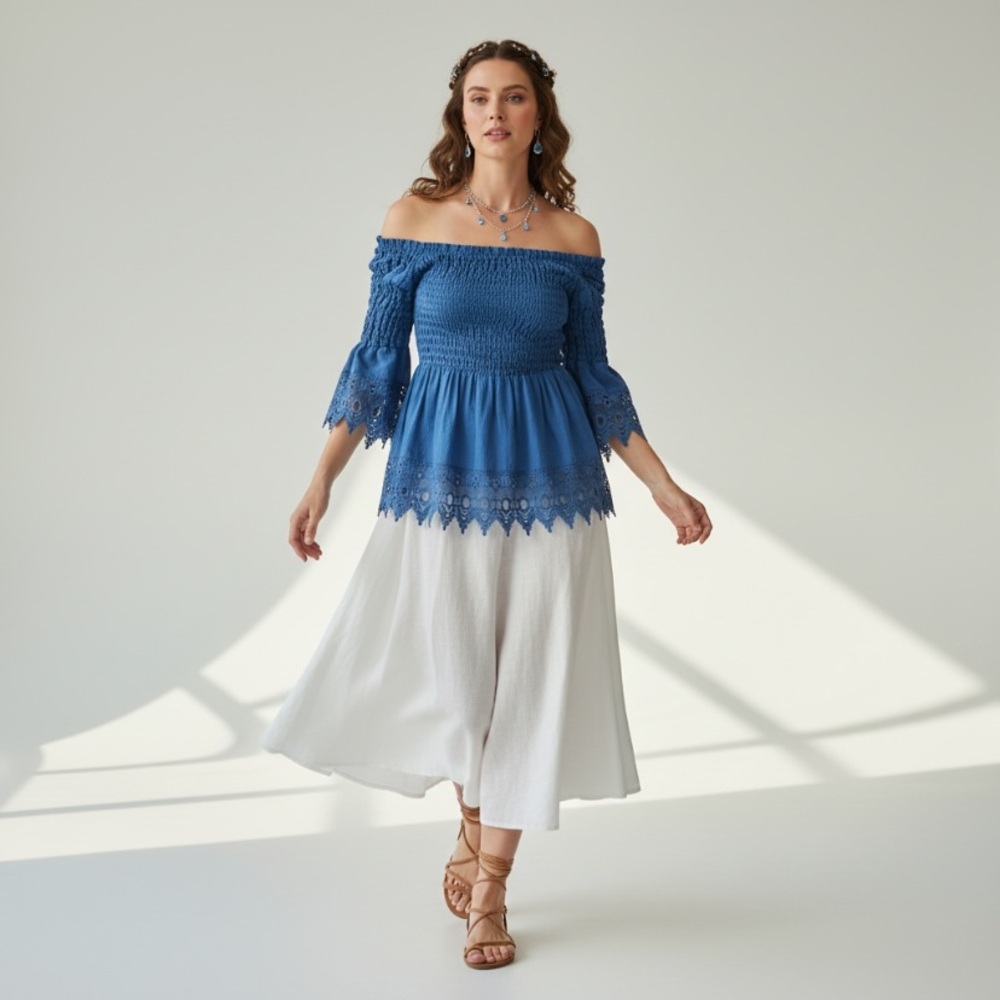 NWT Rouge Helium Vibrant Blue Lace Blouse Boho whimsical stretchy comfortable